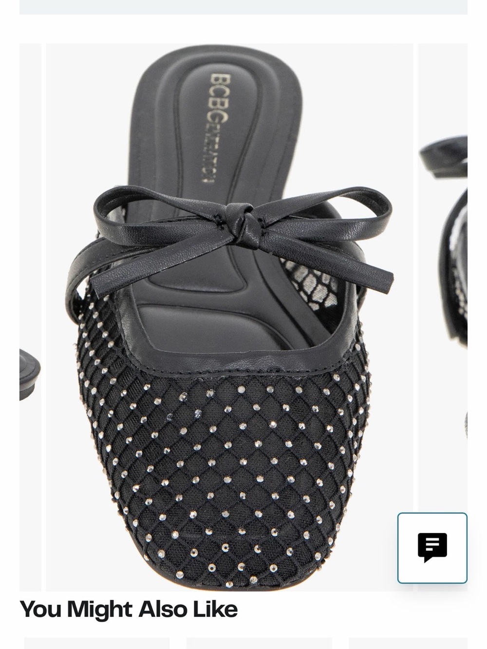 BCBGeneration Black Quilted Bow Slide Mules with Rhinestones